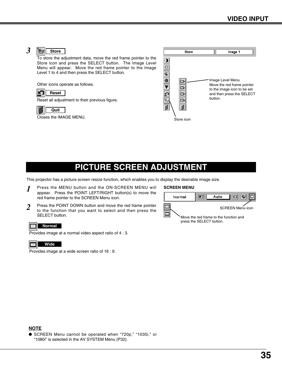 Picture screen adjustment, Video input | BOXLIGHT CP-12tA User Manual | Page 35 / 48