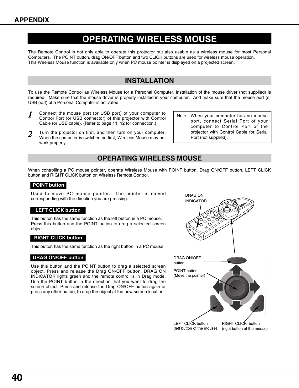 Operating wireless mouse, Appendix, Installation | BOXLIGHT CP-12tA User Manual | Page 40 / 48