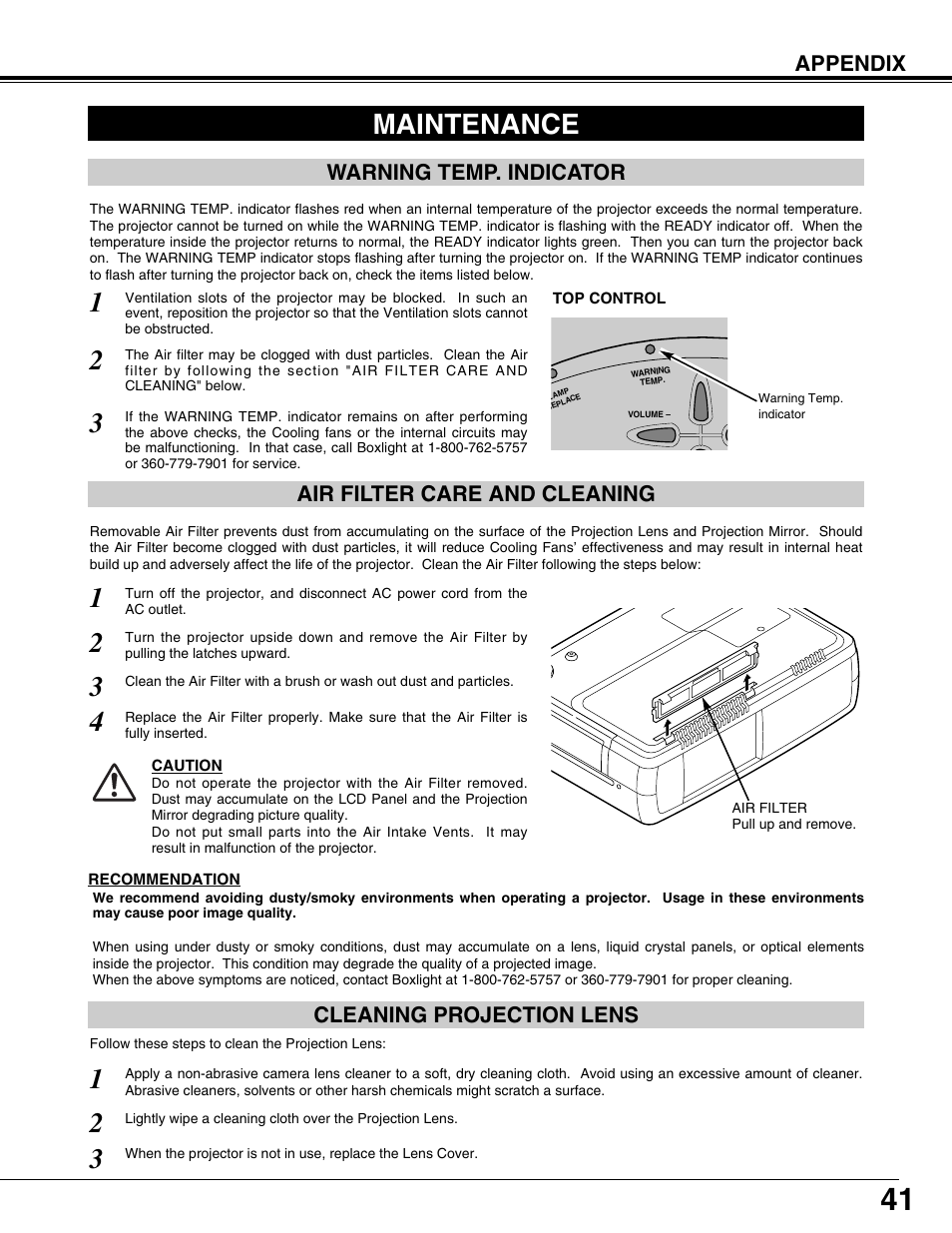 Maintenance, Appendix, Cleaning projection lens | BOXLIGHT CP-12tA User Manual | Page 41 / 48