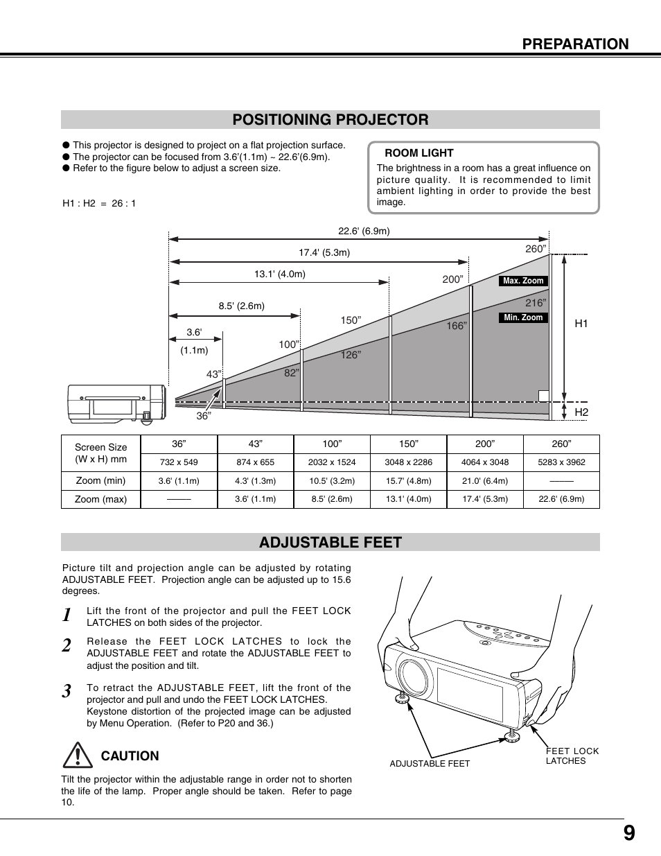 Preparation positioning projector adjustable feet | BOXLIGHT CP-12tA User Manual | Page 9 / 48