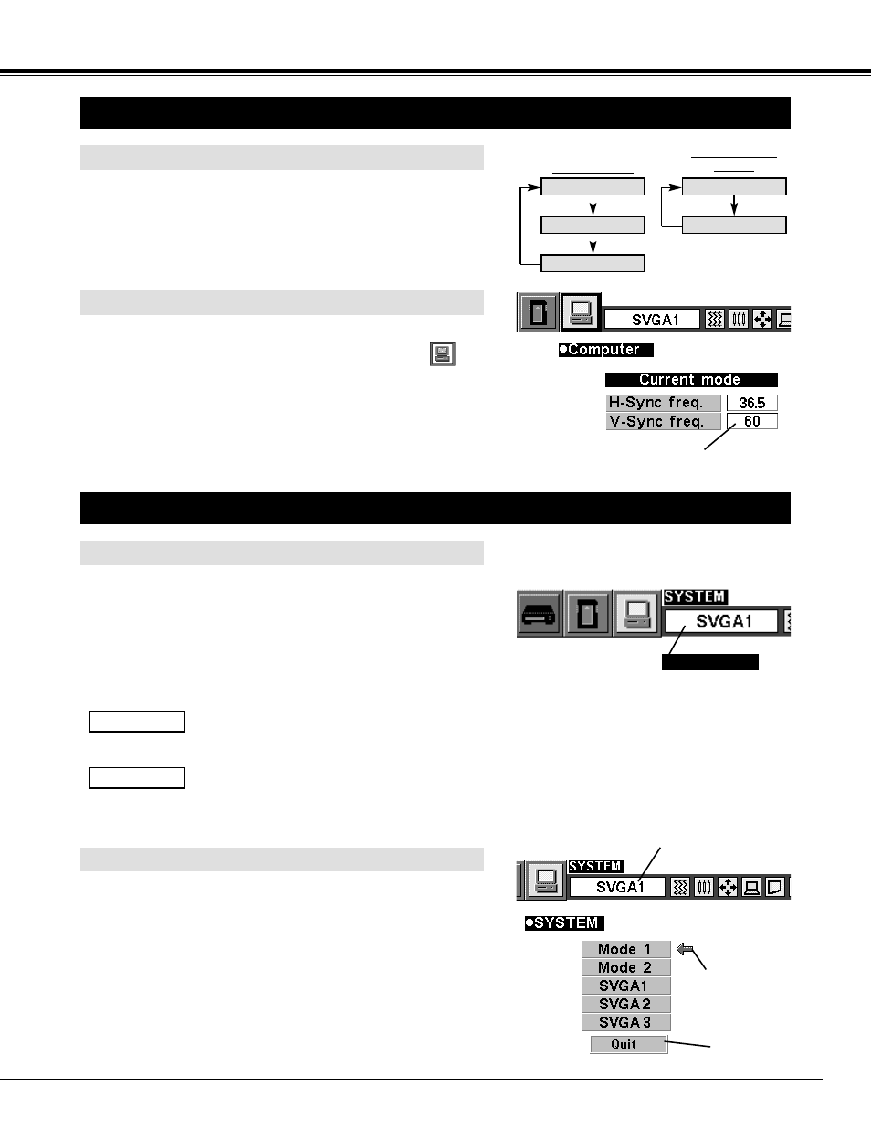 Computer mode, Selecting computer mode, Selecting computer system | Direct operation, Menu operation, Automatic multiscanning system, Select computer system manually | BOXLIGHT CP-33t User Manual | Page 23 / 48