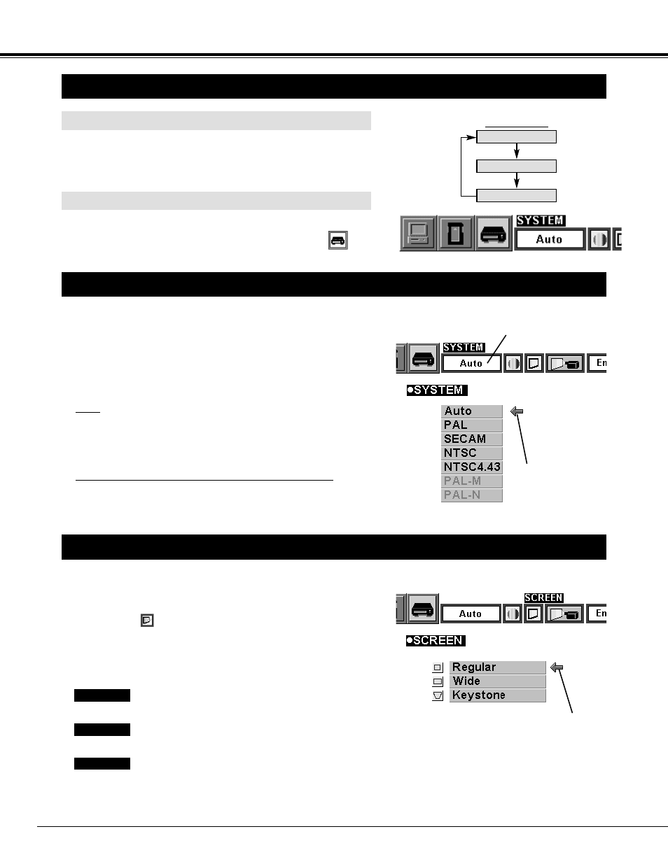 30 video mode, Selecting video mode, Selecting color system | Picture screen adjustment, Direct operation, Menu operation | BOXLIGHT CP-33t User Manual | Page 30 / 48