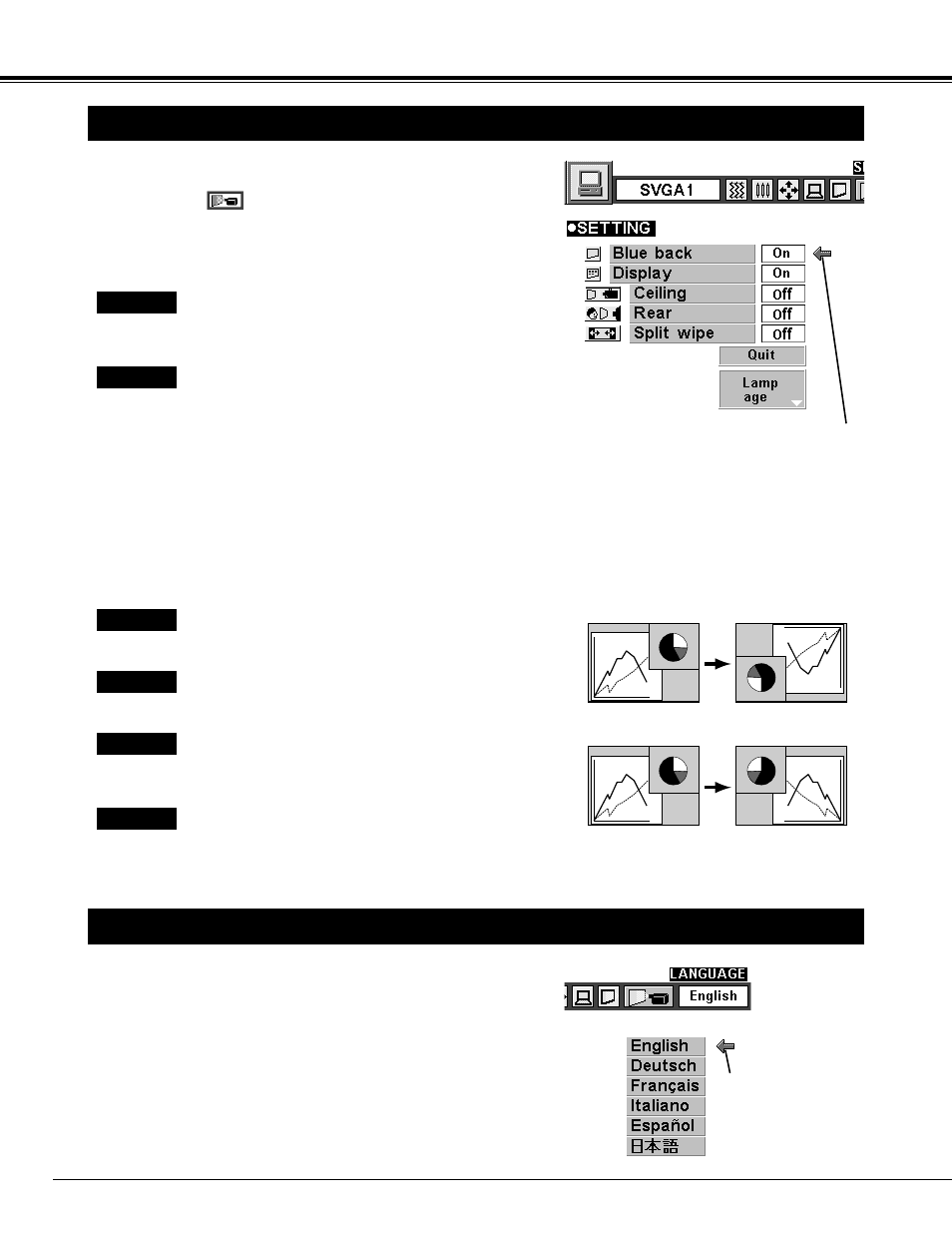 40 setting, Setting menu, Selecting language | BOXLIGHT CP-33t User Manual | Page 40 / 48