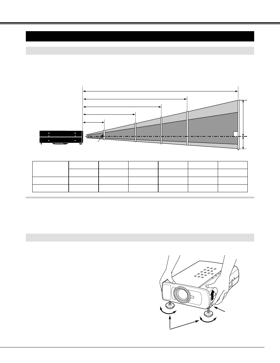 Setting-up the projector, Preparation positioning the projector, Adjustable feet | BOXLIGHT CP-33t User Manual | Page 7 / 48