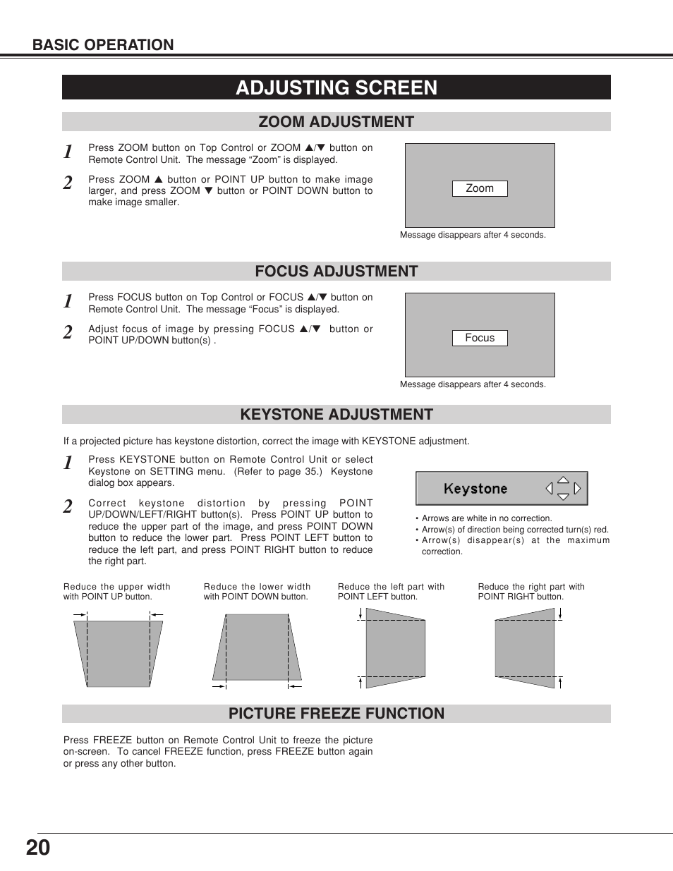 Adjusting screen, Picture freeze function basic operation, Zoom adjustment focus adjustment | Keystone adjustment | BOXLIGHT CP-18t User Manual | Page 20 / 48