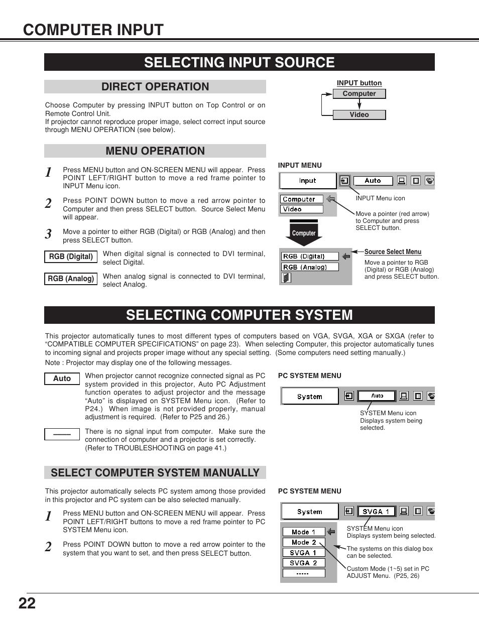22 computer input, Selecting input source, Selecting computer system | Menu operation direct operation, Select computer system manually | BOXLIGHT CP-18t User Manual | Page 22 / 48