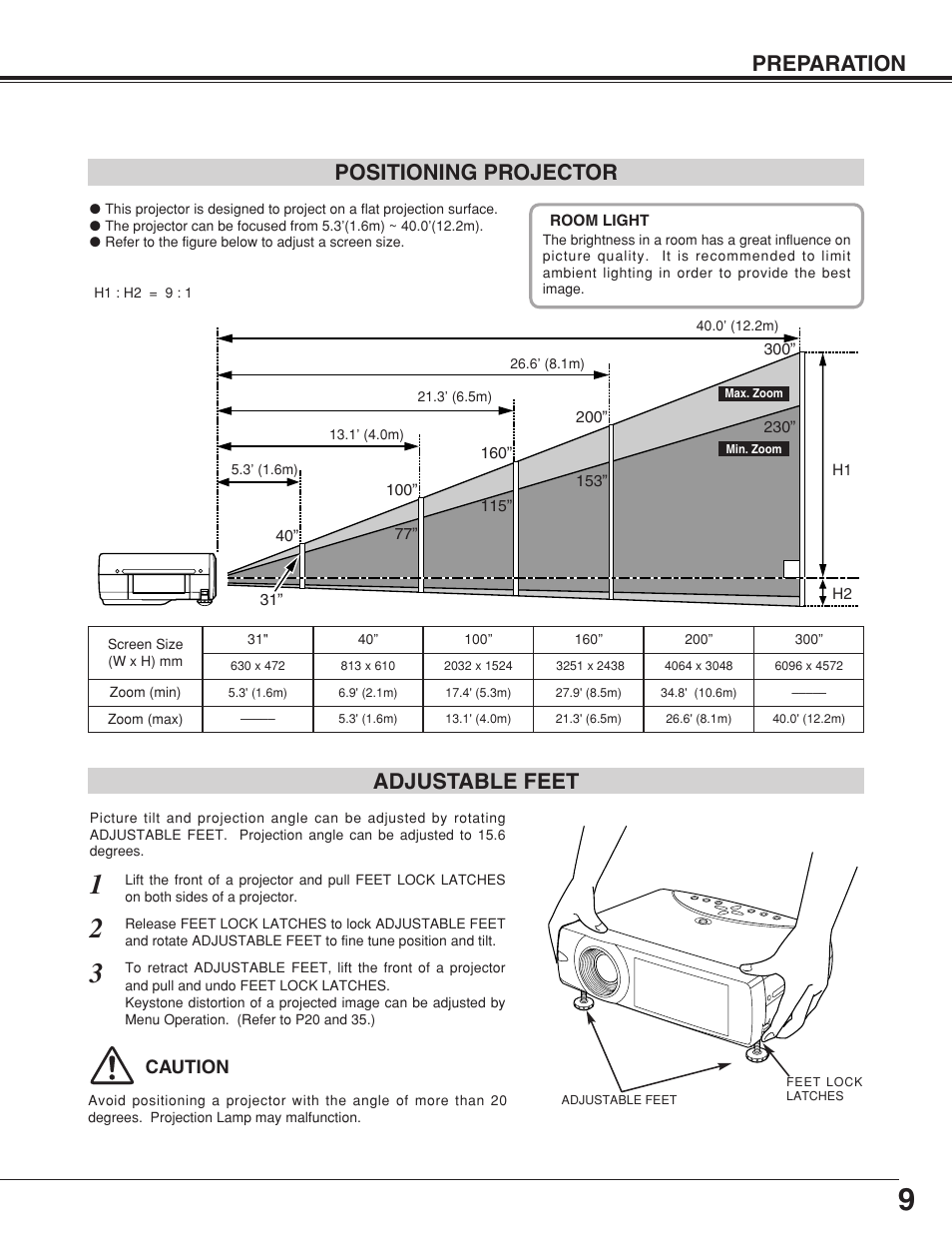 Preparation positioning projector adjustable feet | BOXLIGHT CP-18t User Manual | Page 9 / 48