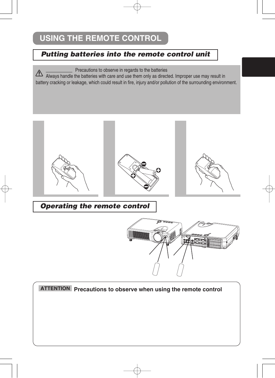 23 using the remote control, Remove the battery cover, Insert the batteries | Close the battery cover | BOXLIGHT CP-322i/CP-634i User Manual | Page 14 / 52