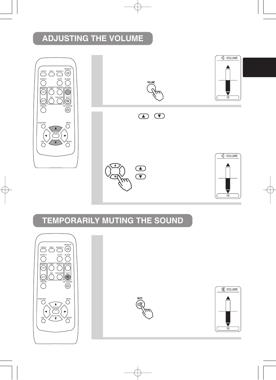 Adjusting the volume temporarily muting the sound, Press the volume button, Press the mute button | Press the , buttons to adjust the volume | BOXLIGHT CP-322i/CP-634i User Manual | Page 18 / 52