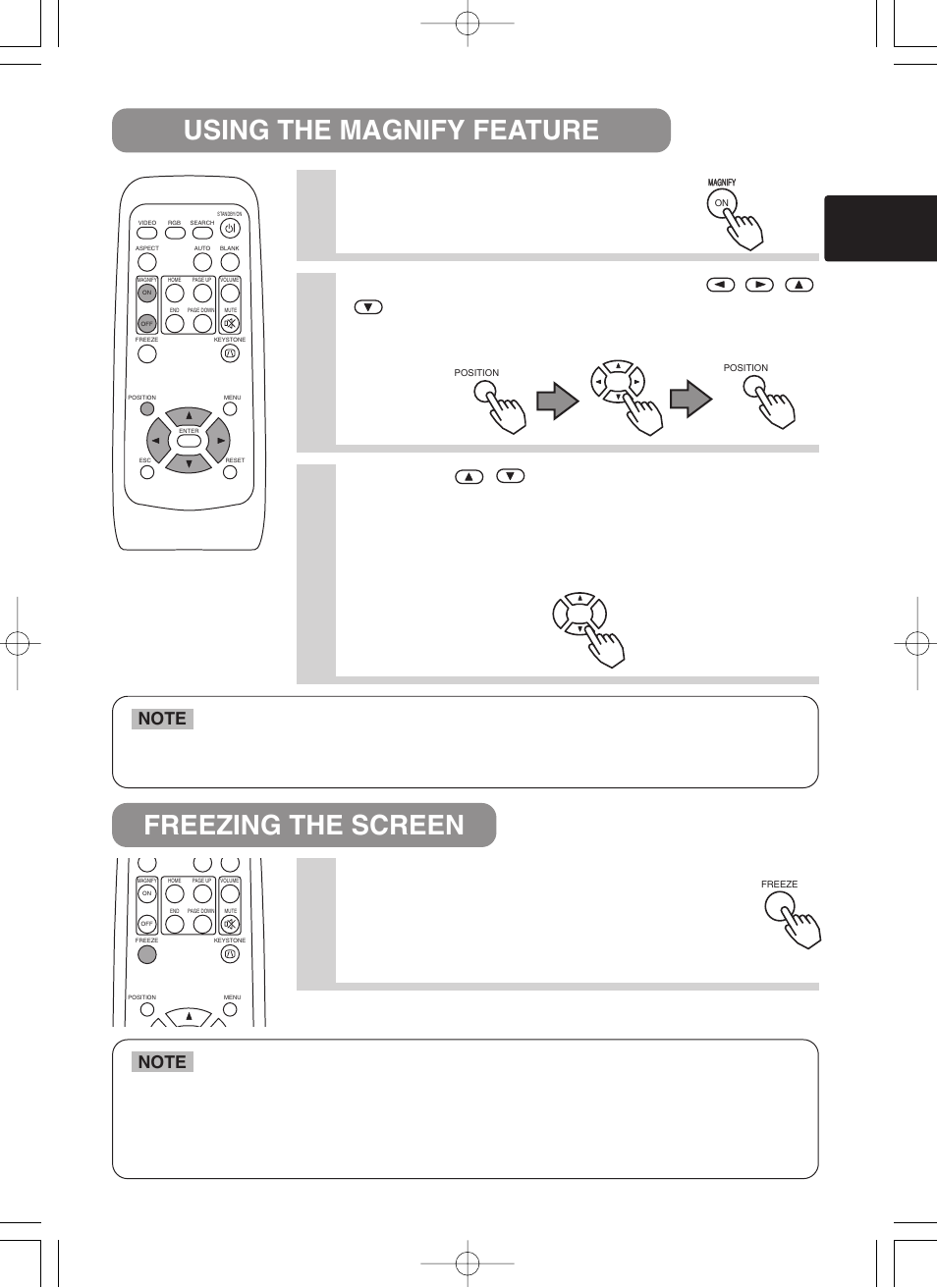 Using the magnify feature freezing the screen 1, Press the magnify (on) button, Press the position button, then use the | Press the, Buttons to zoom in and out of the selected area, Press the freeze button, The projector enters magnify mode | BOXLIGHT CP-322i/CP-634i User Manual | Page 22 / 52