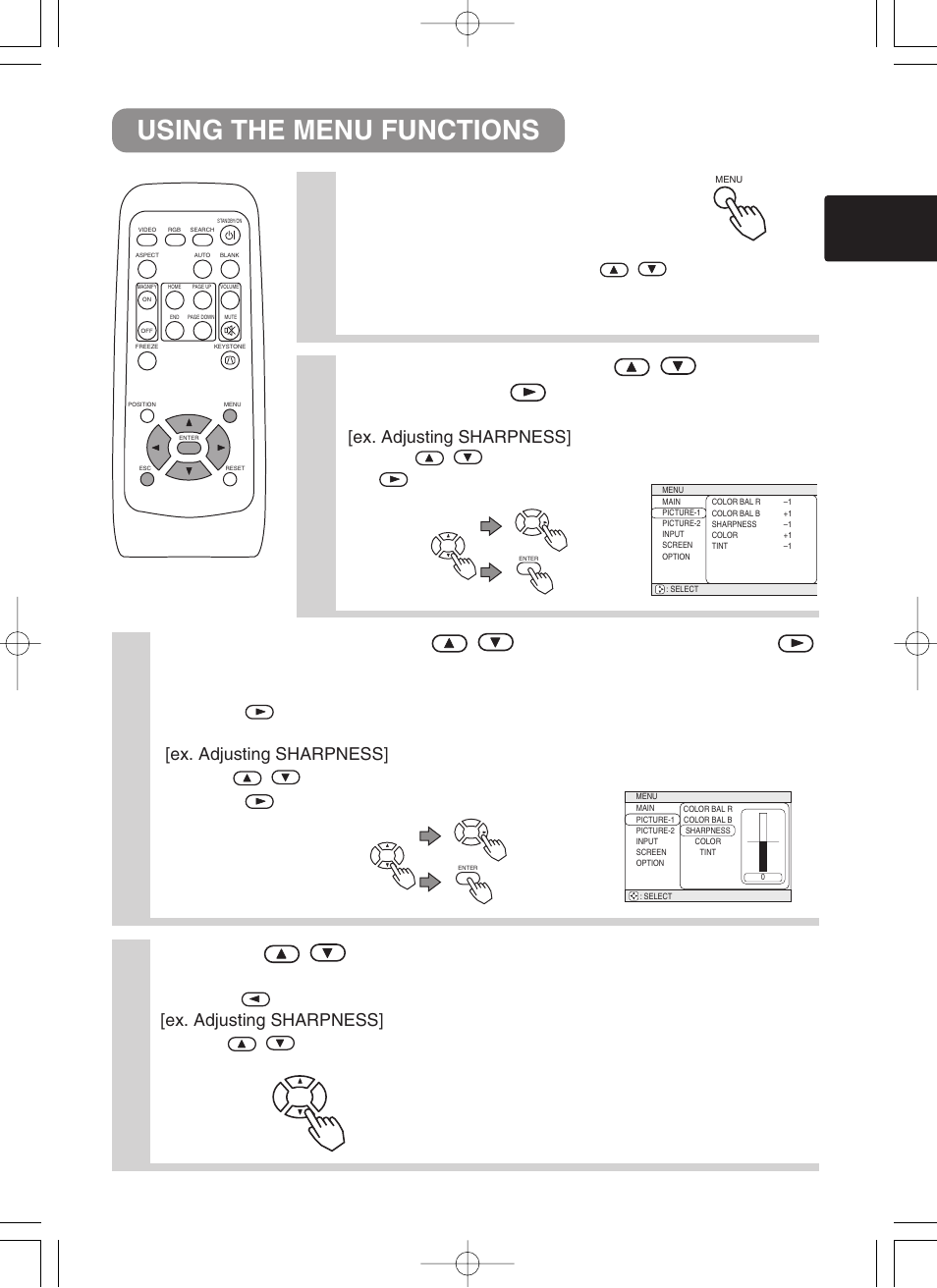 Using the menu functions 1, Press the menu button, Press the / buttons to adjust the level | BOXLIGHT CP-322i/CP-634i User Manual | Page 24 / 52