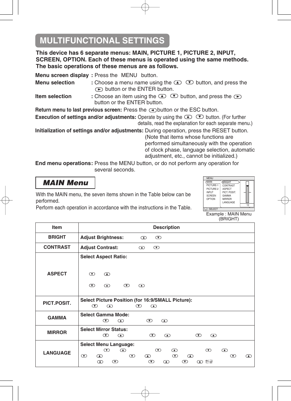 Multifunctional settings, Main menu, Main menu 2 | BOXLIGHT CP-322i/CP-634i User Manual | Page 32 / 52