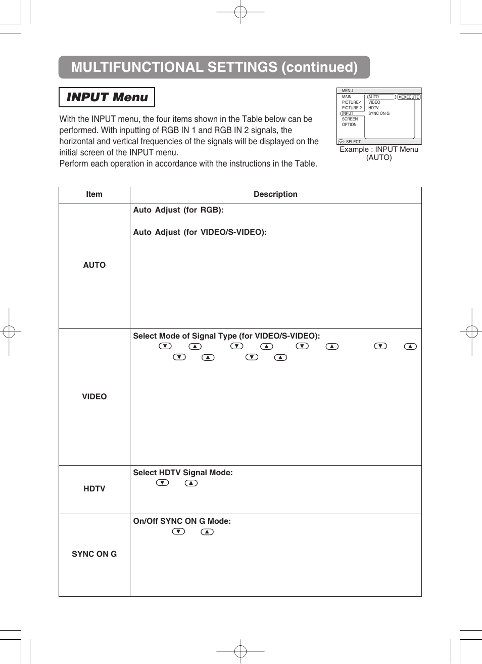 Multifunctional settings (continued), Input menu | BOXLIGHT CP-322i/CP-634i User Manual | Page 34 / 52