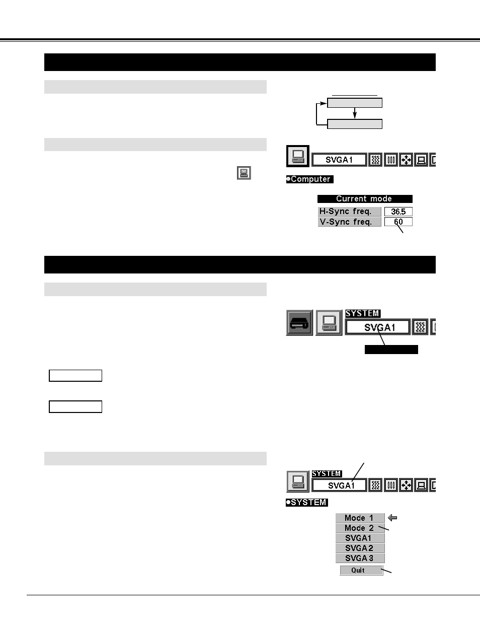 Computer mode, Selecting computer mode, Selecting computer system | Menu operation, Automatic multiscanning system, Select computer mode manually, Direct operation | BOXLIGHT CP-11t User Manual | Page 22 / 38