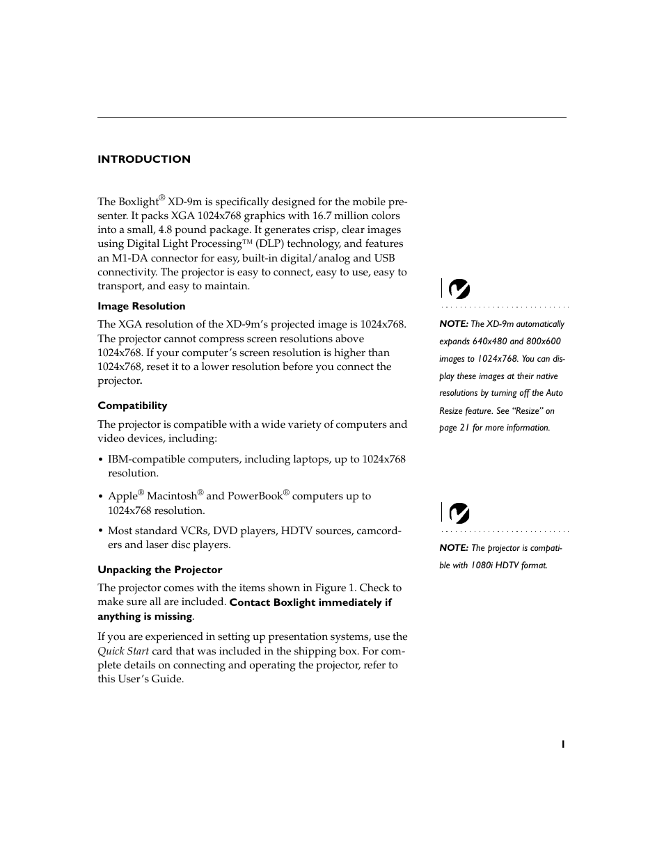 Heading1 - introduction, Heading2 - image resolution, Heading2 - compatibility | Heading2 - unpacking the projector, Introduction 1 image resolution, Compatibility 1 unpacking the projector | BOXLIGHT XD-9m User Manual | Page 10 / 61
