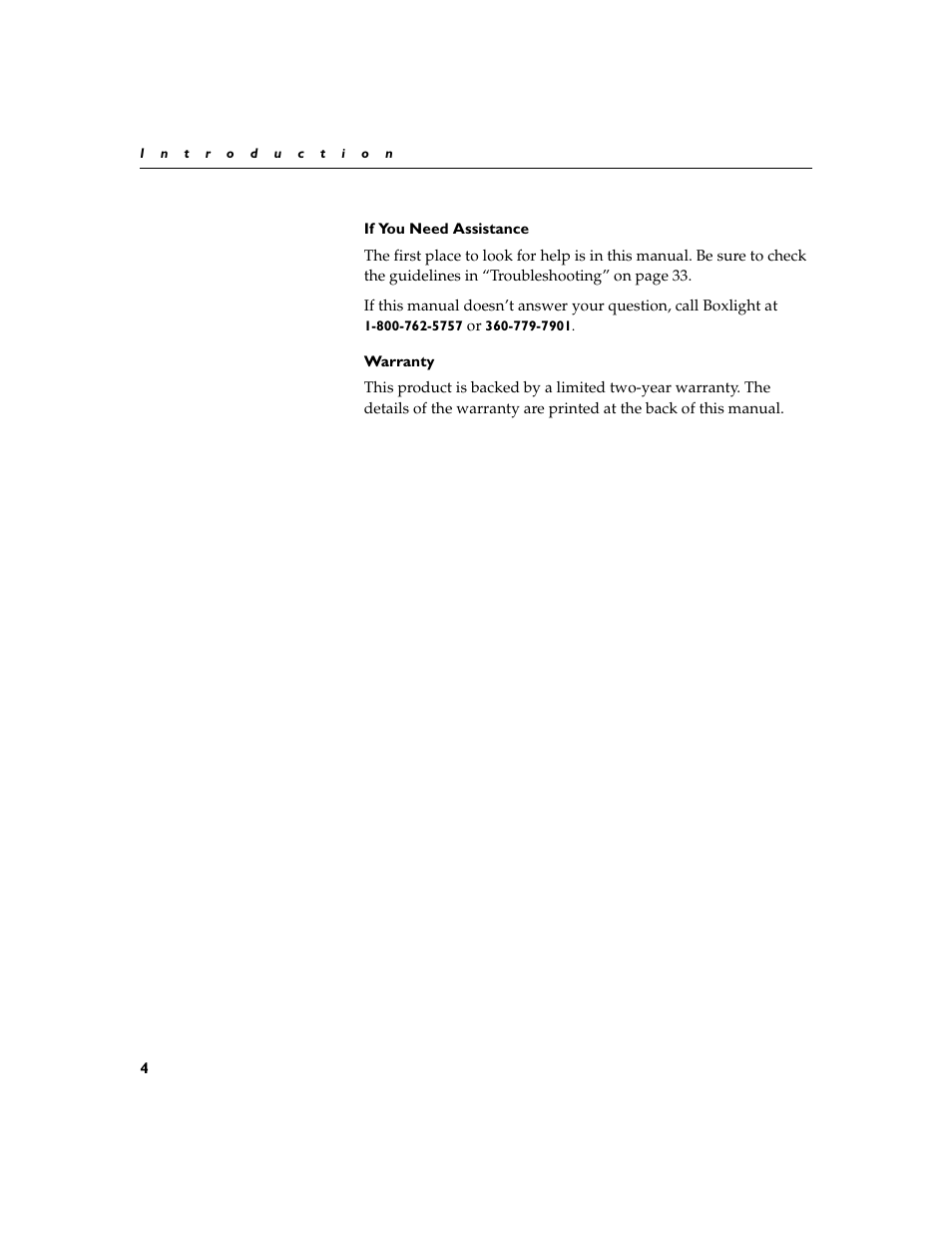 Heading2 - if you need assistance, Heading2 - warranty, If you need assistance | Warranty 4 | BOXLIGHT XD-9m User Manual | Page 13 / 61