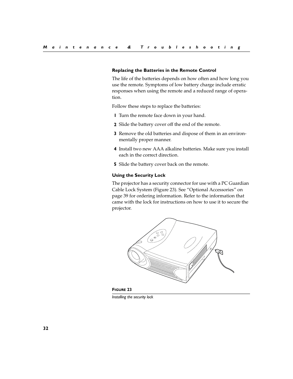 Heading2 - using the security lock, Replacing the batteries in the remote control, Using the security lock | BOXLIGHT XD-9m User Manual | Page 41 / 61