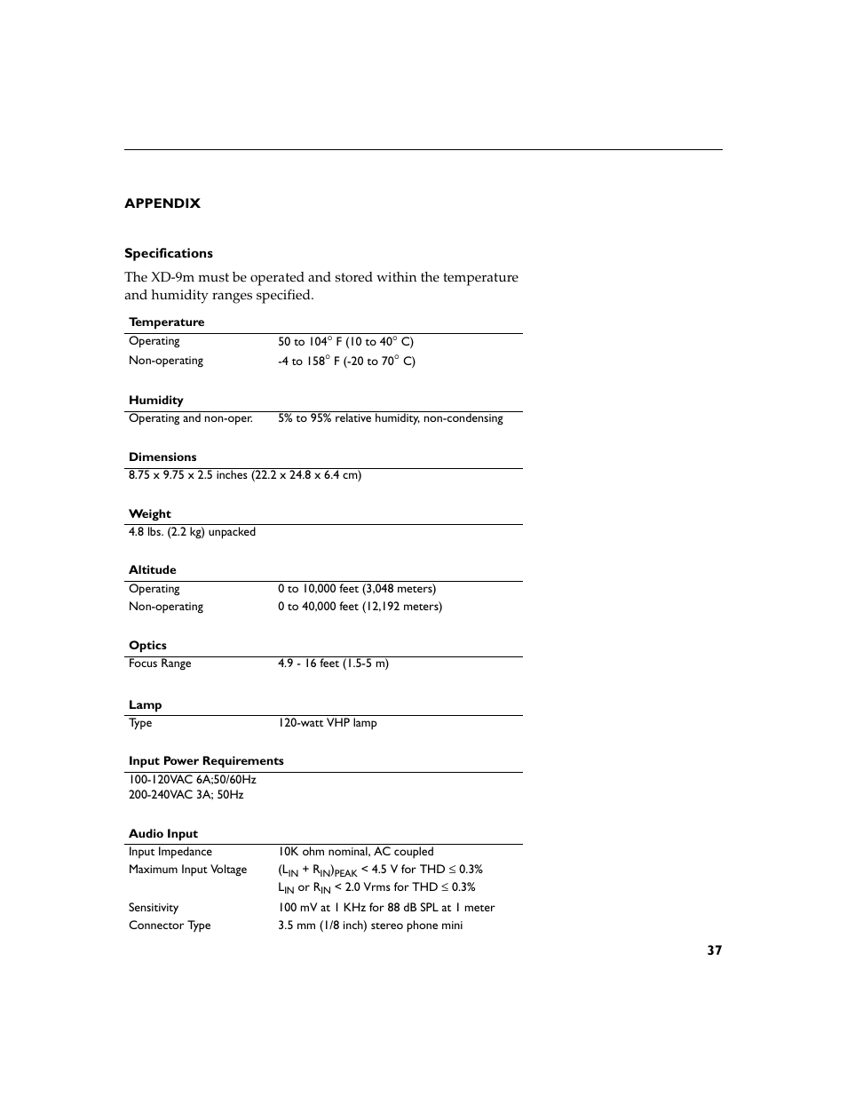 Heading1 - appendix, Heading2 - specifications, Appendix 37 specifications 37 | BOXLIGHT XD-9m User Manual | Page 46 / 61