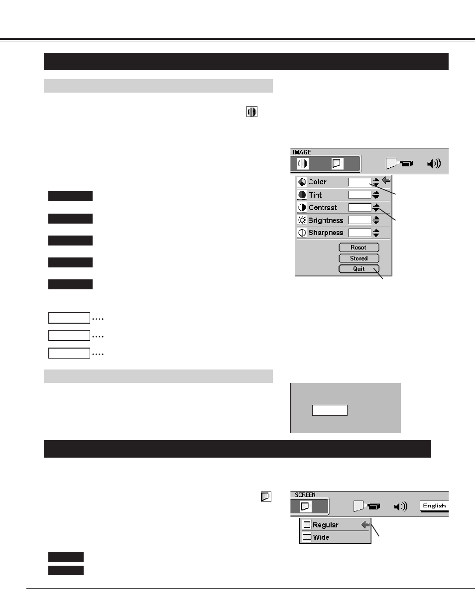Picture image adjustment, Picture screen adjustment, Video mode | Adjusting the picture image, Normal function | BOXLIGHT CP-15t User Manual | Page 32 / 48