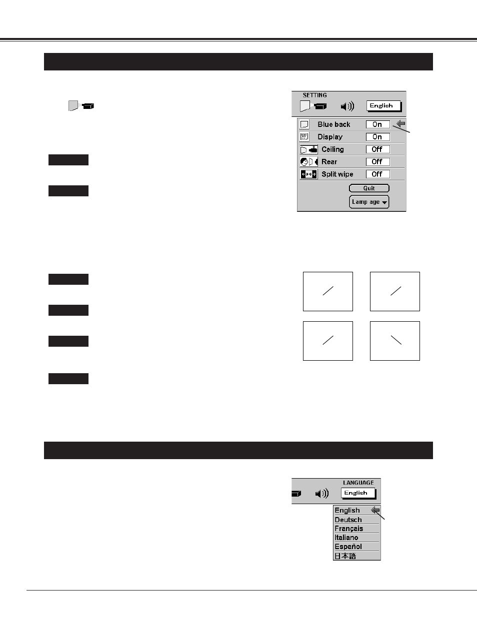 40 setting, Setting menu, Setting language | BOXLIGHT CP-15t User Manual | Page 40 / 48