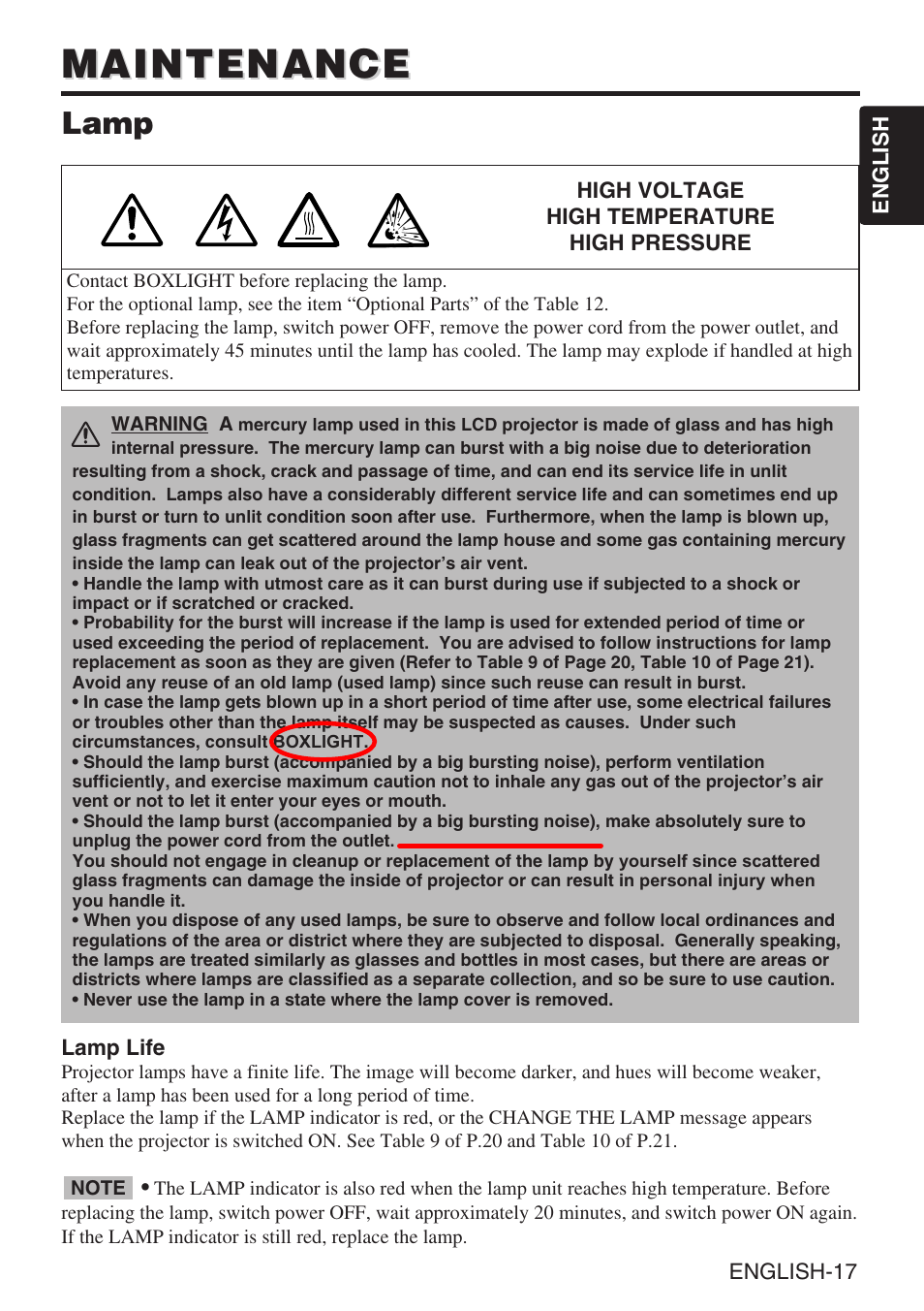 Maintenance, Lamp | BOXLIGHT CP-635i User Manual | Page 18 / 26