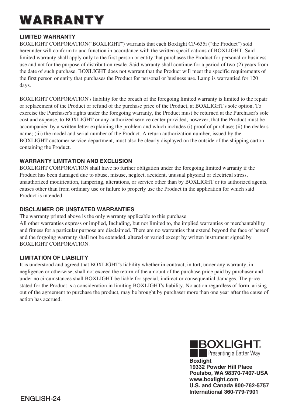 Warranty | BOXLIGHT CP-635i User Manual | Page 25 / 26