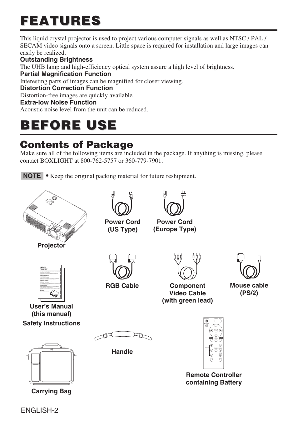 Features, Before use, Contents of package | English-2, Remote controller containing battery | BOXLIGHT CP-635i User Manual | Page 3 / 26