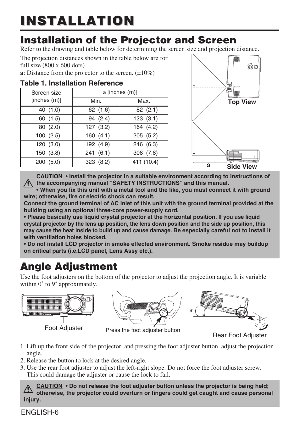 Installation, Installation of the projector and screen, Angle adjustment | BOXLIGHT CP-635i User Manual | Page 7 / 26