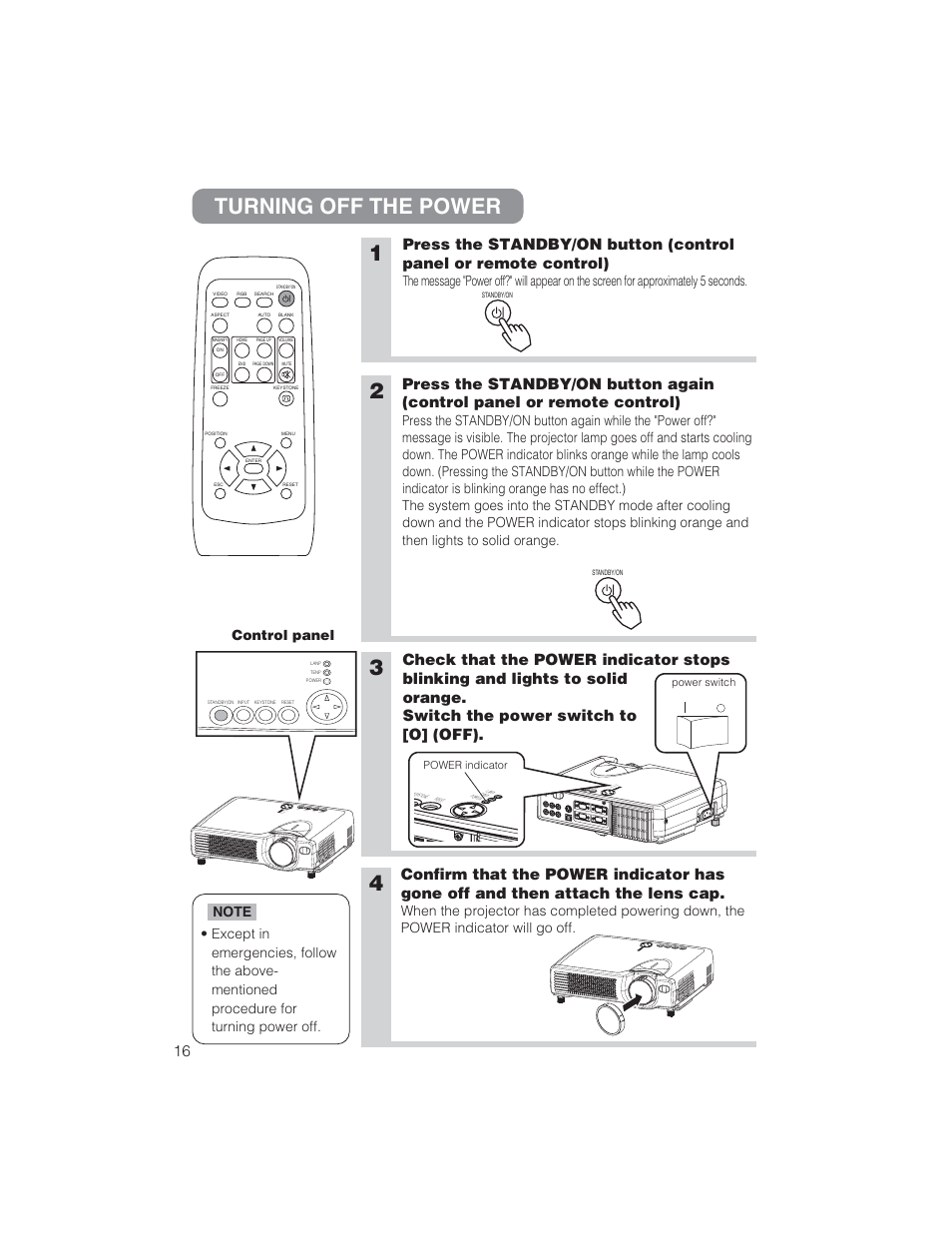 Turning off the power, Control panel, Power switch power indicator | BOXLIGHT CP322ia User Manual | Page 17 / 55