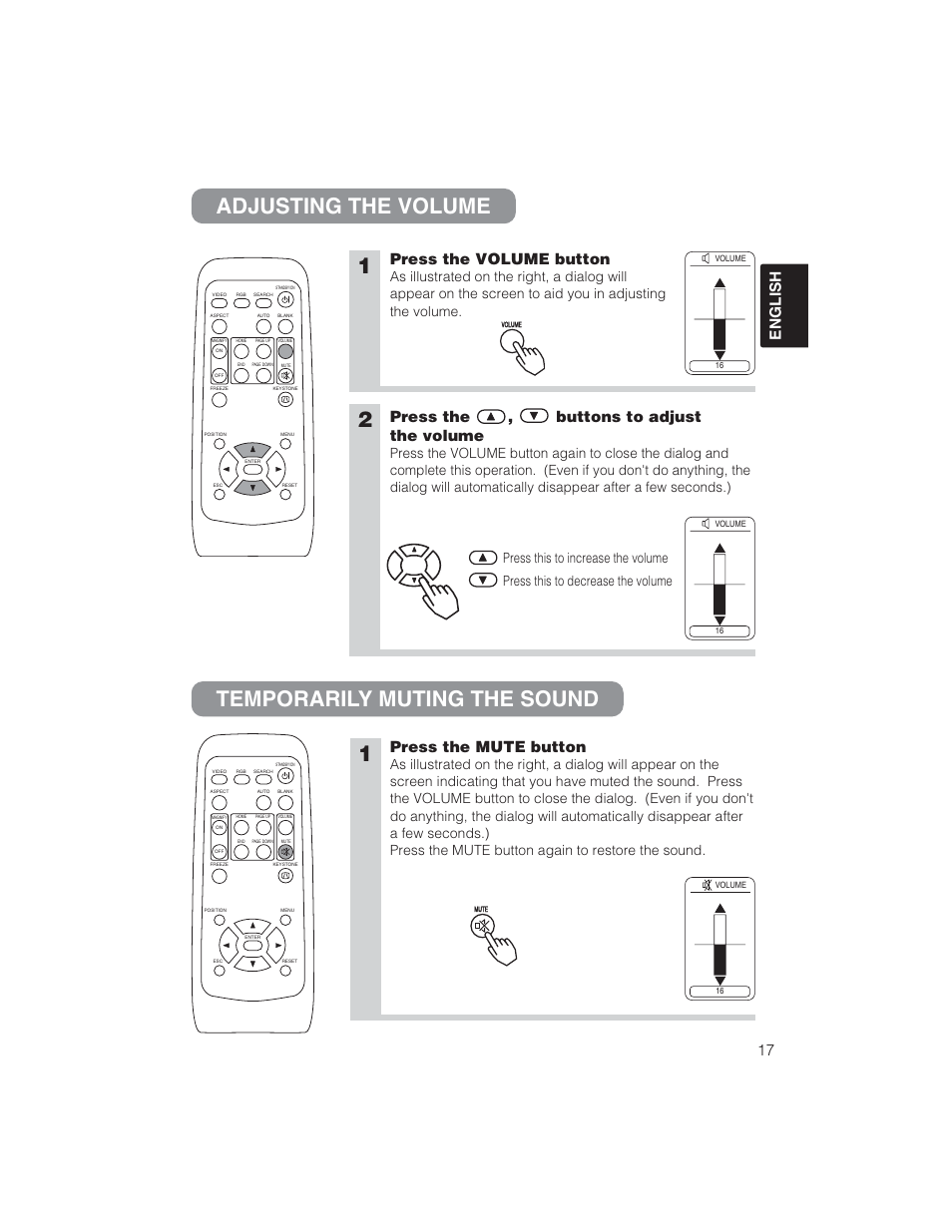 Adjusting the volume temporarily muting the sound, 17 english, Press the volume button | Press the mute button, Press the , buttons to adjust the volume | BOXLIGHT CP322ia User Manual | Page 18 / 55