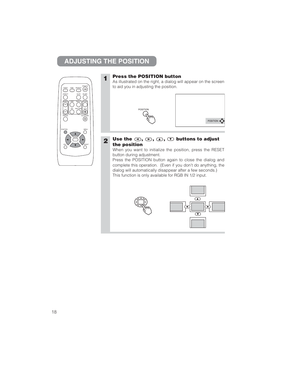 Adjusting the position, Press the position button, Use the , , , buttons to adjust the position | BOXLIGHT CP322ia User Manual | Page 19 / 55