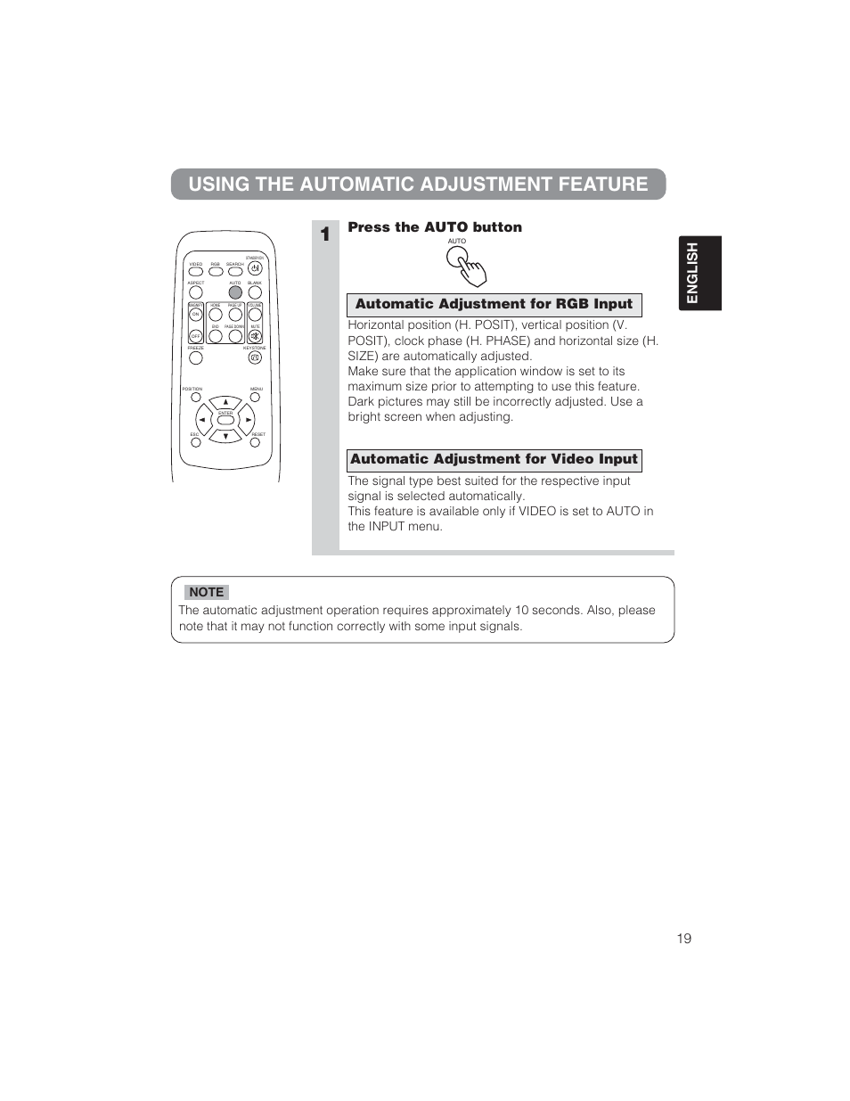 1using the automatic adjustment feature, 19 english, Press the auto button | BOXLIGHT CP322ia User Manual | Page 20 / 55