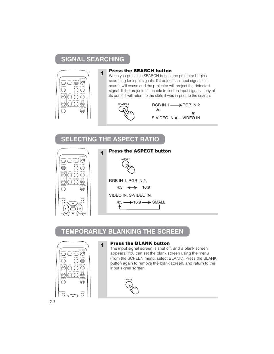 Press the search button, Press the aspect button, Press the blank button | Rgb in 1, rgb in 2, video in, s-video in, Rgb in 1 rgb in 2 video in s-video in | BOXLIGHT CP322ia User Manual | Page 23 / 55