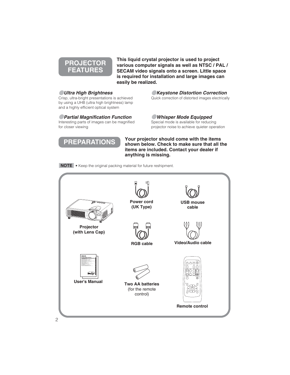 Preparations, Projector features | BOXLIGHT CP322ia User Manual | Page 3 / 55