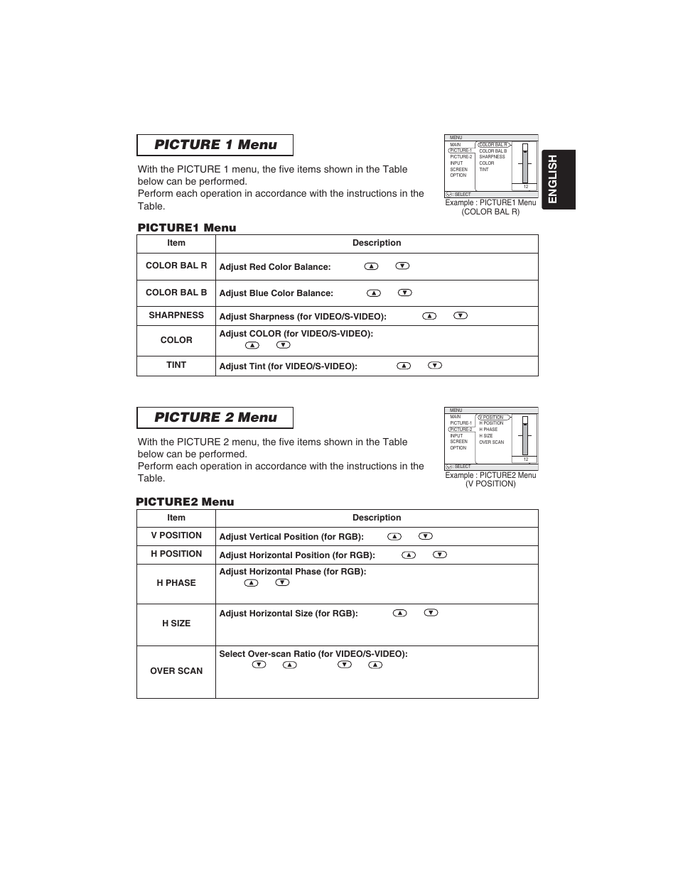 Picture 1 menu picture 2 menu, English, Picture1 menu | 3picture2 menu | BOXLIGHT CP322ia User Manual | Page 33 / 55