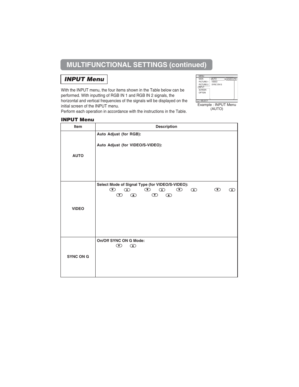 Multifunctional settings (continued), Input menu | BOXLIGHT CP322ia User Manual | Page 34 / 55