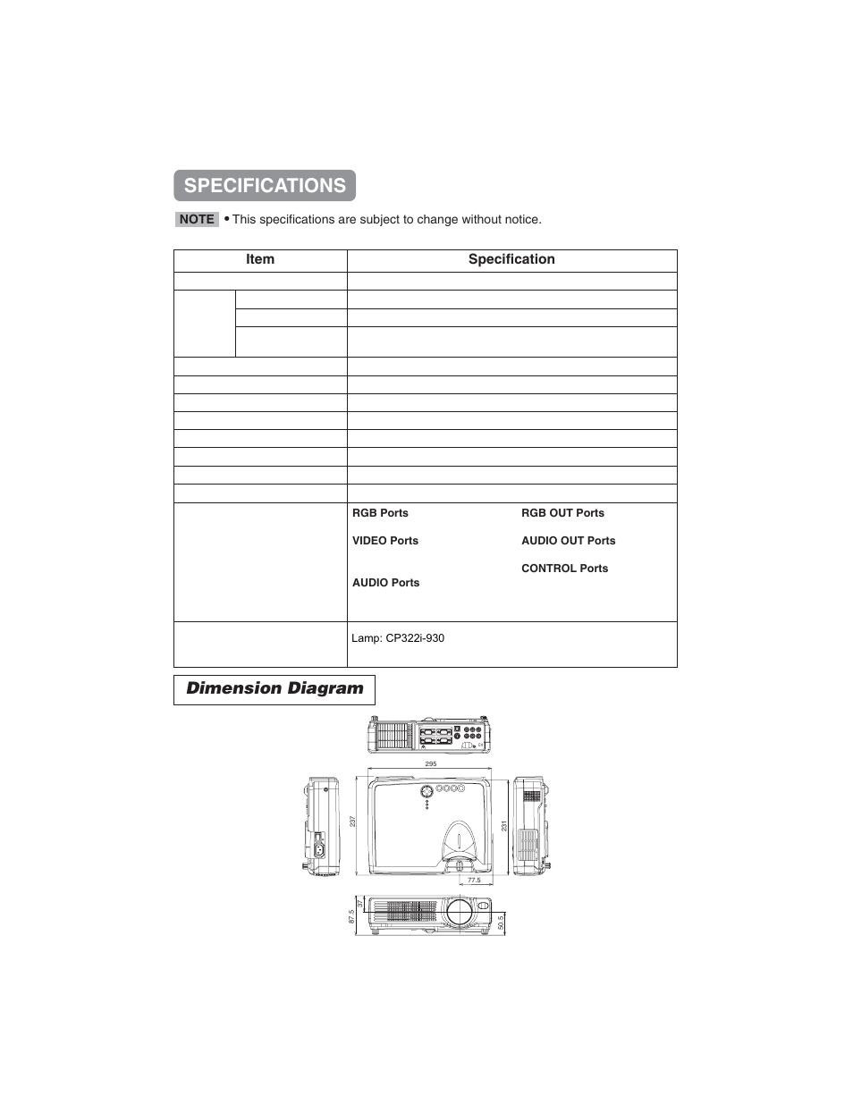 Specifications, Dimension diagram | BOXLIGHT CP322ia User Manual | Page 40 / 55