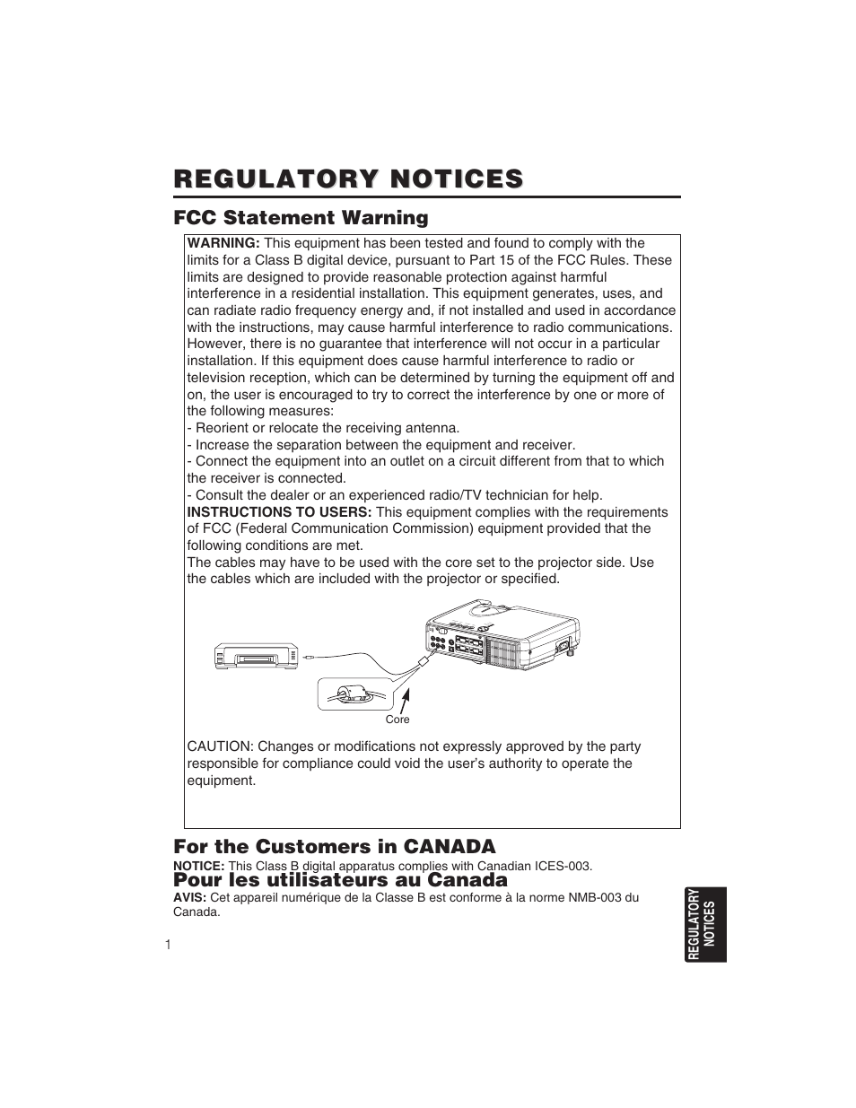Regulatory notices, Fcc statement warning for the customers in canada, Pour les utilisateurs au canada | BOXLIGHT CP322ia User Manual | Page 53 / 55