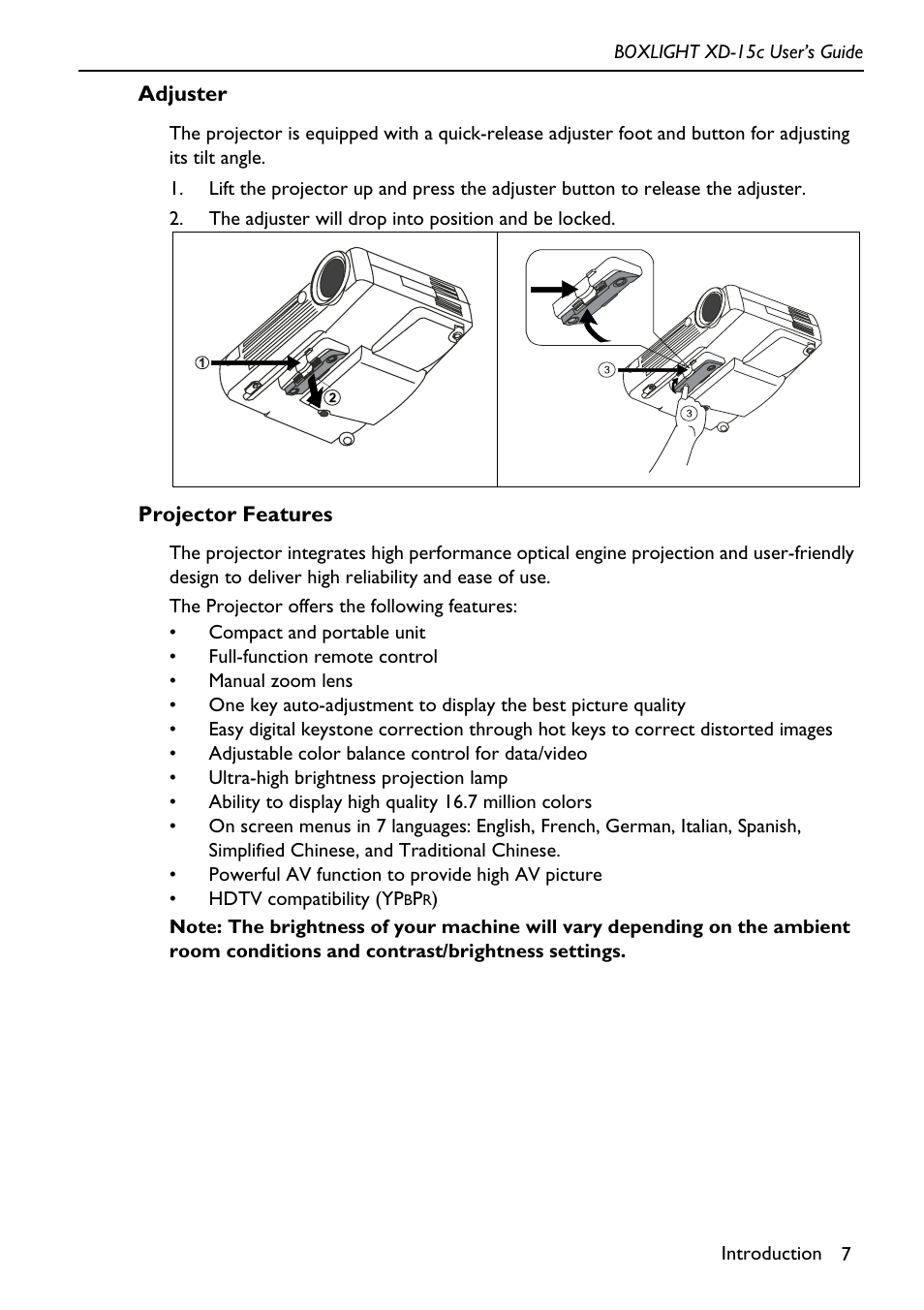 The adjuster will drop into position and be locked, Adjuster projector features | BOXLIGHT XD-15c User Manual | Page 11 / 32