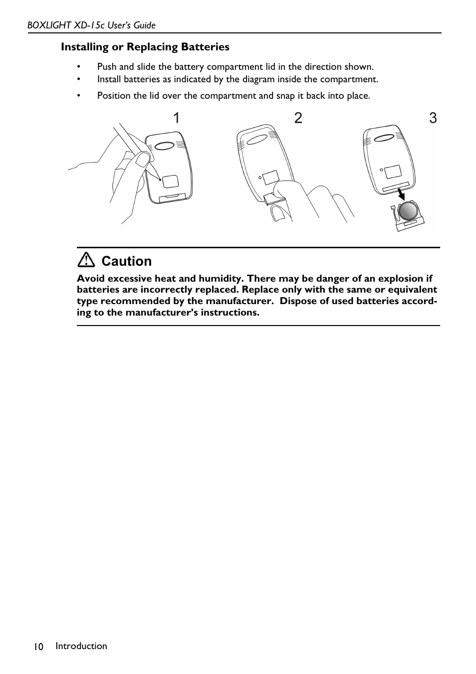 Installing or replacing batteries, Caution | BOXLIGHT XD-15c User Manual | Page 14 / 32