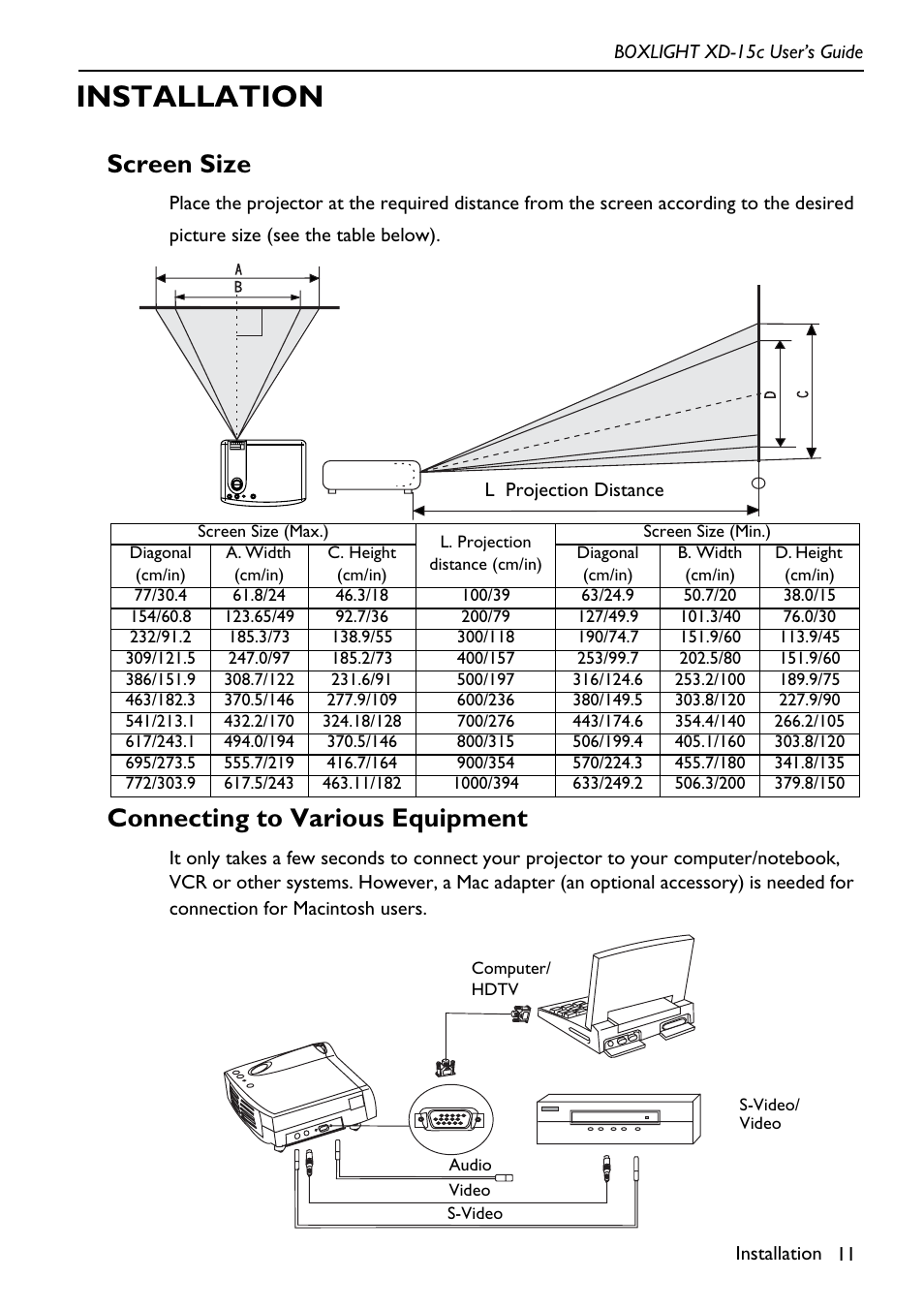 Installation, Screen size connecting to various equipment, Screen size | Connecting to various equipment | BOXLIGHT XD-15c User Manual | Page 15 / 32