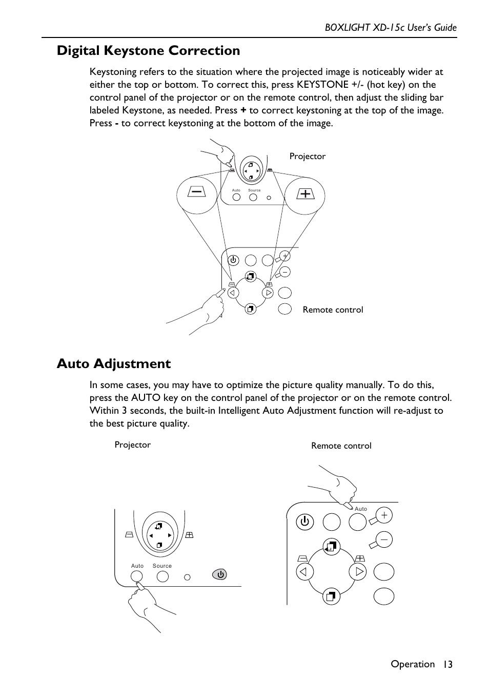 Digital keystone correction auto adjustment, Digital keystone correction, Auto adjustment | BOXLIGHT XD-15c User Manual | Page 17 / 32