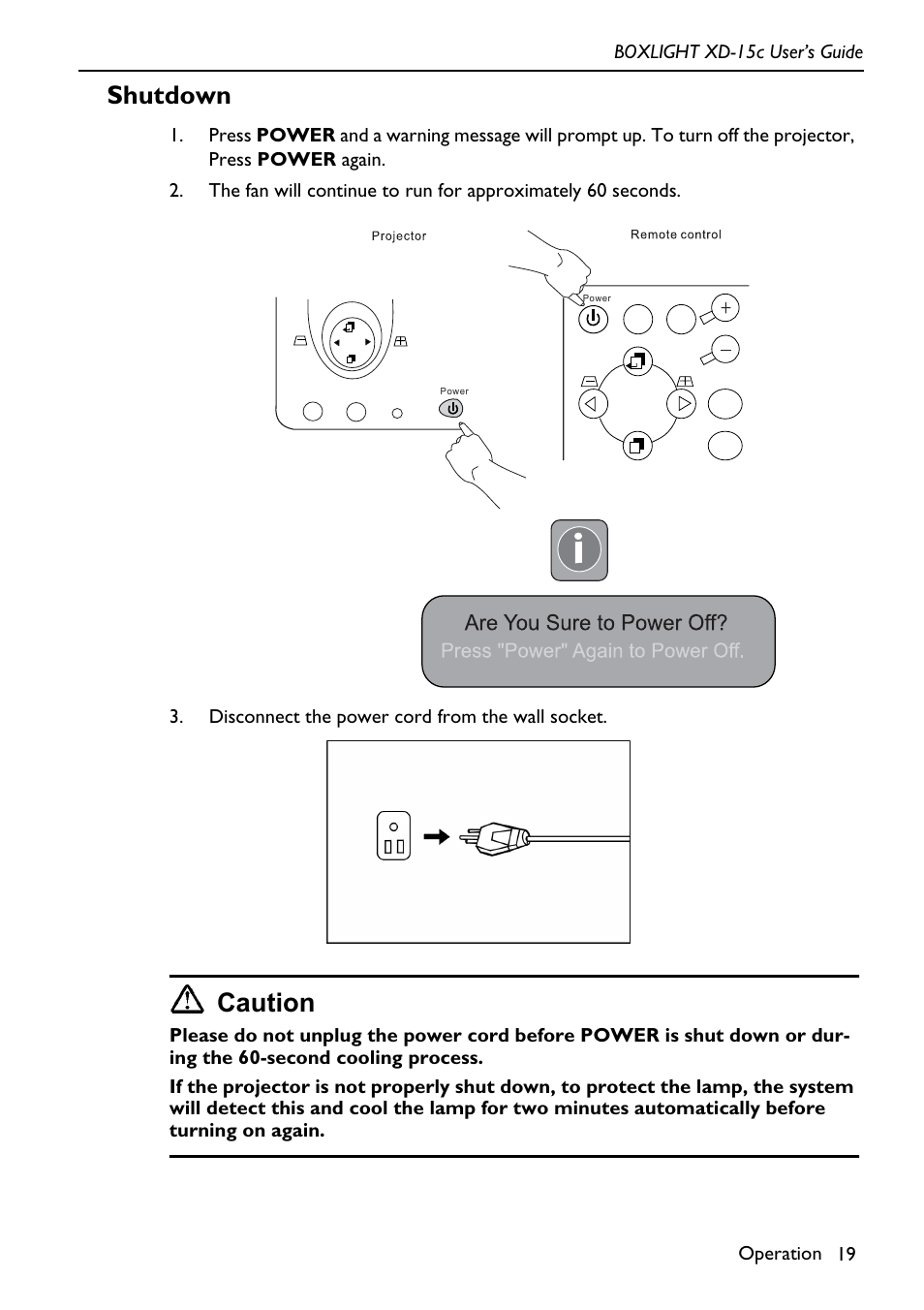 Disconnect the power cord from the wall socket, Shutdown, Caution | BOXLIGHT XD-15c User Manual | Page 23 / 32
