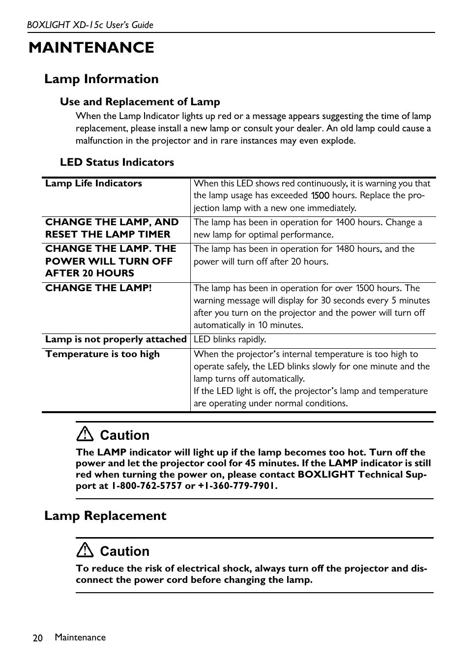 Maintenance, Lamp information, Use and replacement of lamp led status indicators | Lamp replacement, Caution, Lamp replacement caution | BOXLIGHT XD-15c User Manual | Page 24 / 32