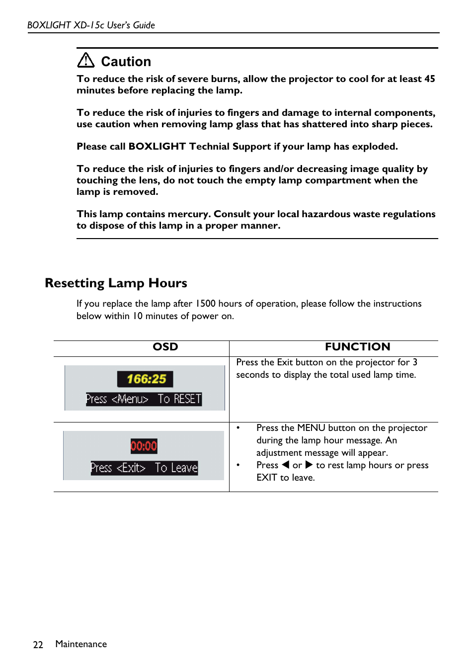 Function, Resetting lamp hours, Caution | BOXLIGHT XD-15c User Manual | Page 26 / 32