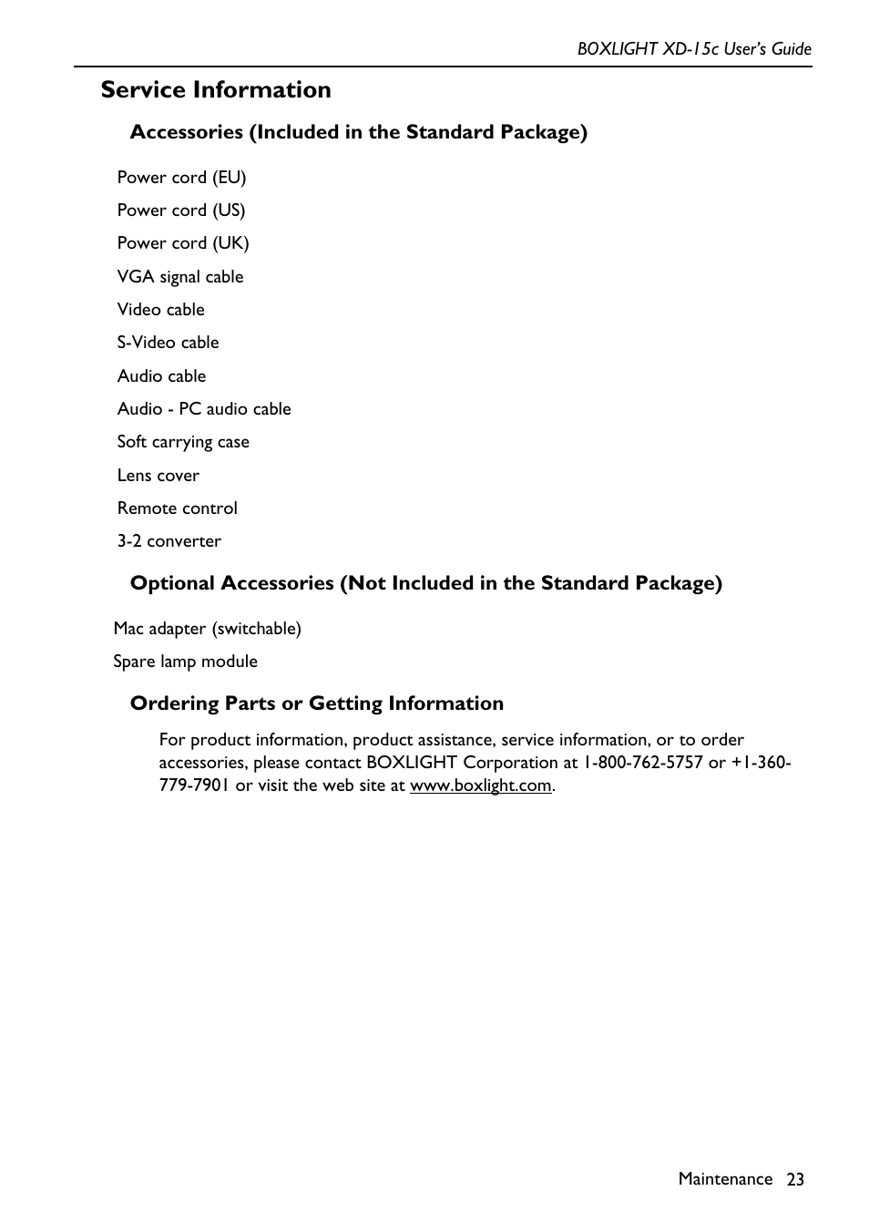 Service information, Accessories (included in the standard package) | BOXLIGHT XD-15c User Manual | Page 27 / 32