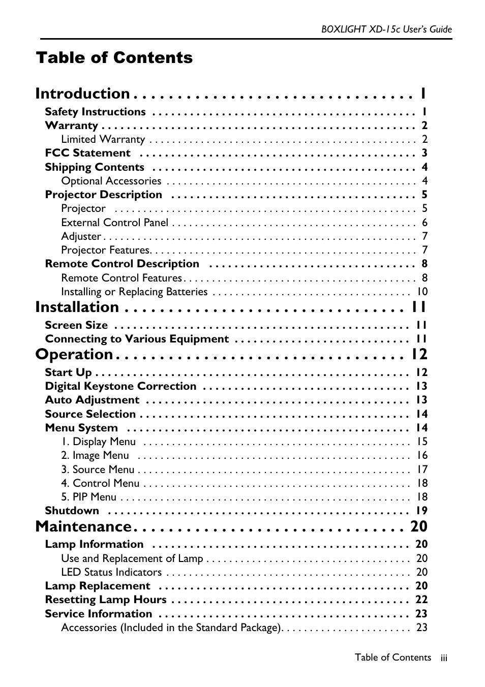 Introduction 1, Installation 11, Operation 12 | Maintenance 20, Table of contents introduction, Installation, Operation, Maintenance | BOXLIGHT XD-15c User Manual | Page 3 / 32