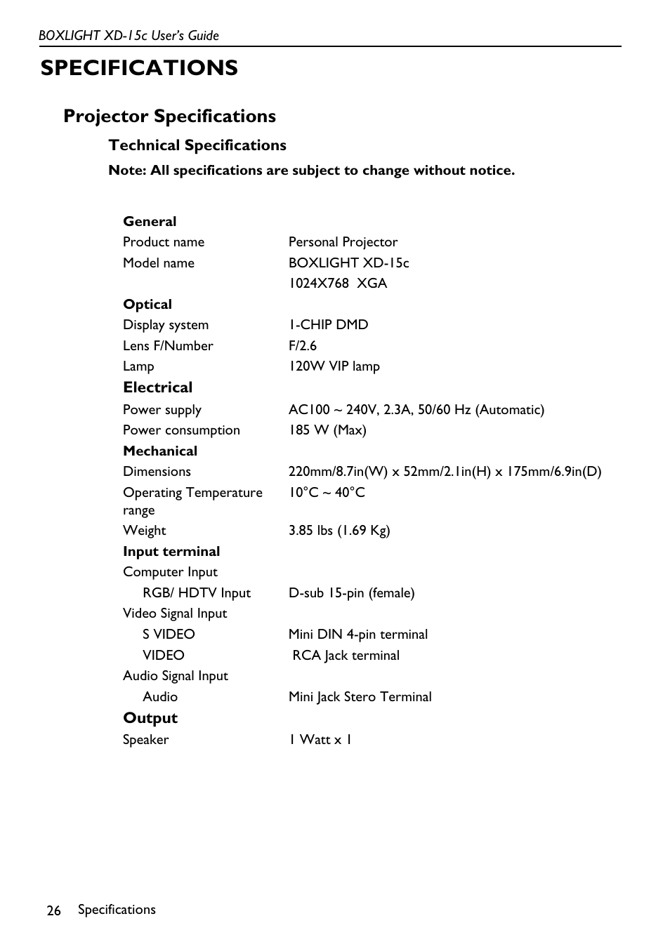 Specifications, Technical specifications, Projector specifications | BOXLIGHT XD-15c User Manual | Page 30 / 32