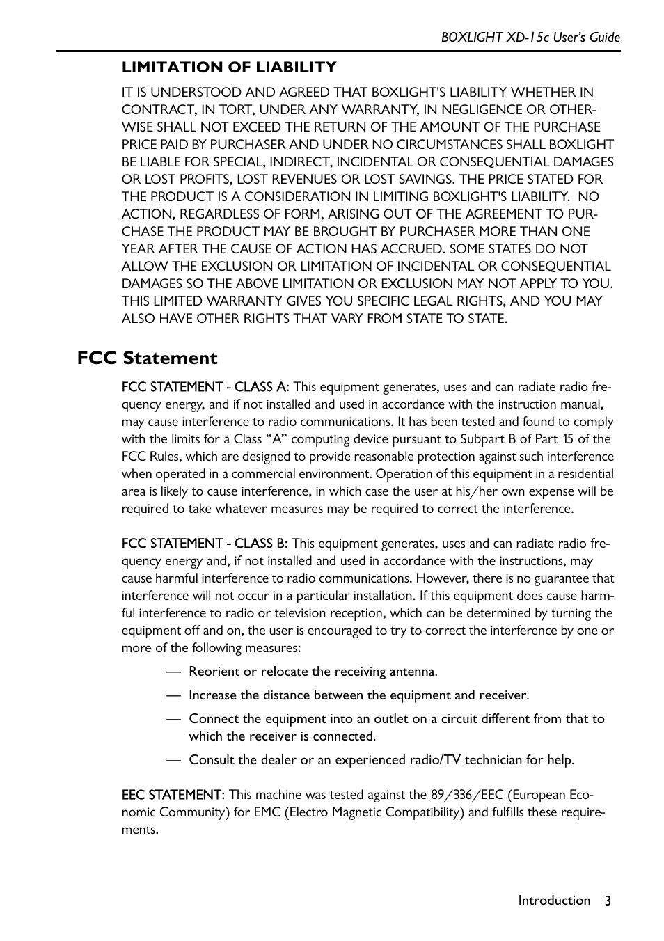 Limitation of liability, Fcc statement | BOXLIGHT XD-15c User Manual | Page 7 / 32