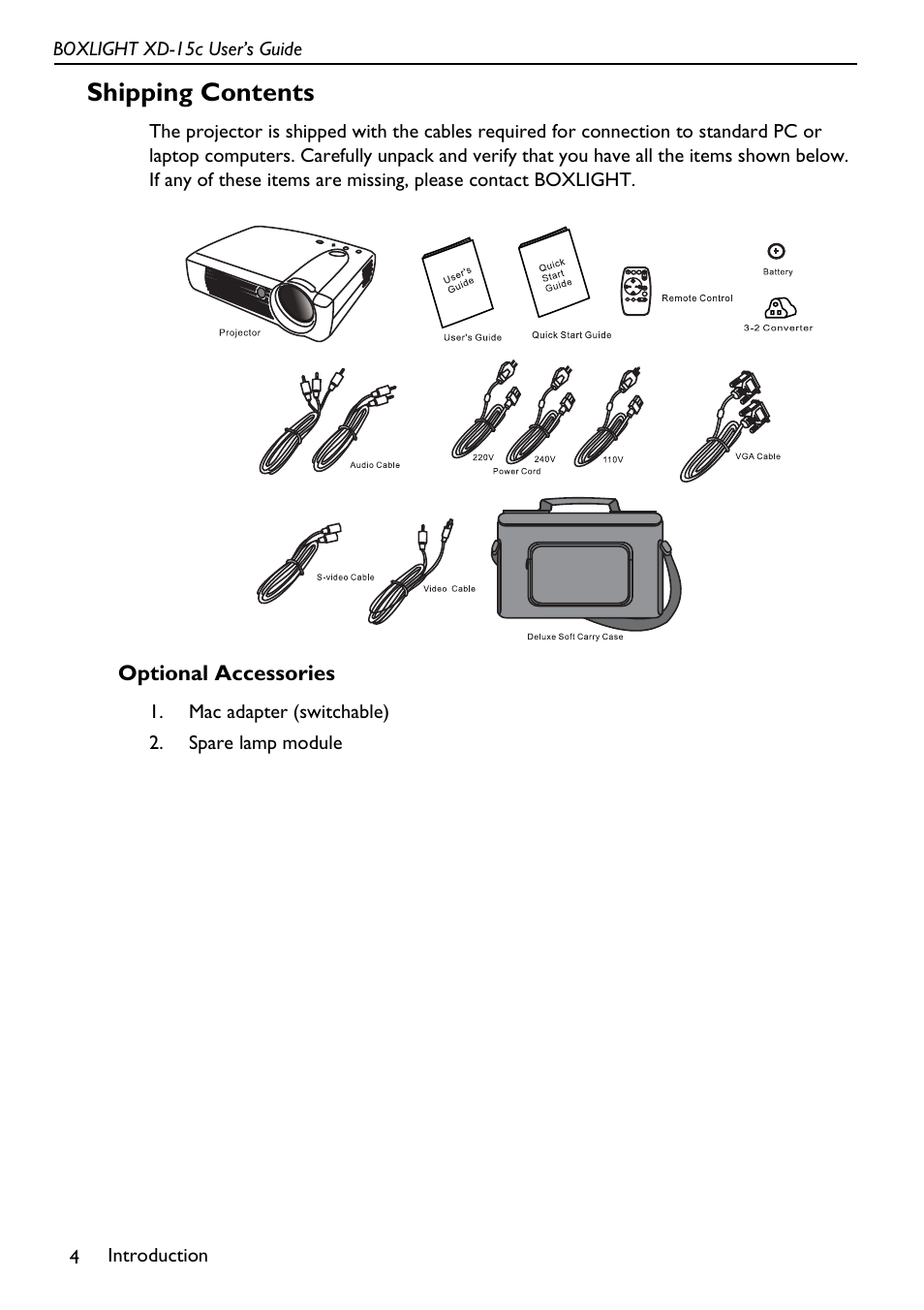 Mac adapter (switchable), Spare lamp module, Shipping contents | Optional accessories | BOXLIGHT XD-15c User Manual | Page 8 / 32